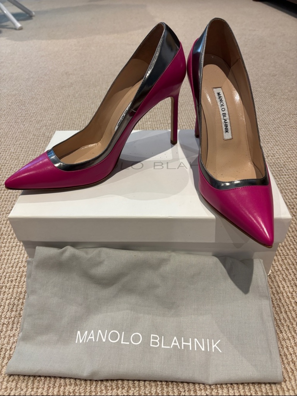 Manolo Blahnik Leather Stiletto Pumps with Silver Trim